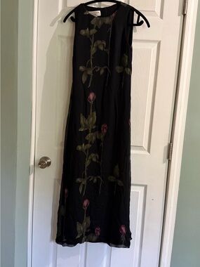 Vintage Jones New York Maxi Dress with Pink Floral Accents 100% Silk Size 4